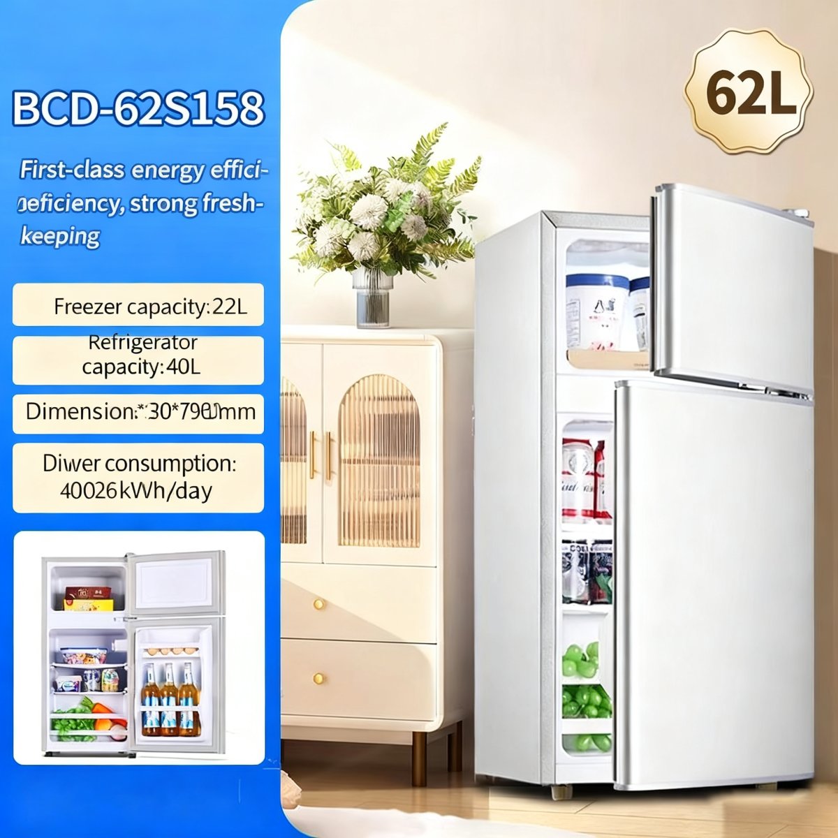 Wholesale 62L Stainless Steel Double Door No Frost Fridge - Compact Portable Compressor Refrigerator | Factory Direct Bulk Orders for Home & Hotel Use