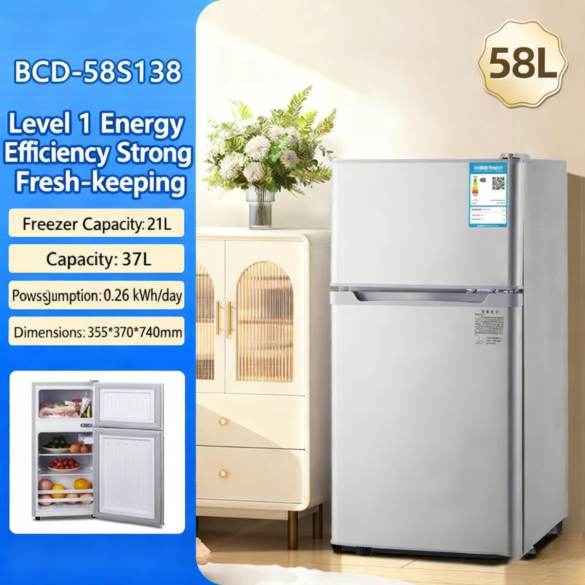 Wholesale 58L Stainless Steel Double-Door Manual Defrost Compressor Fridge - Grade 1 Energy Efficient Compact Portable Factory Direct Refrigerator for Home & Commercial Use - Image 3