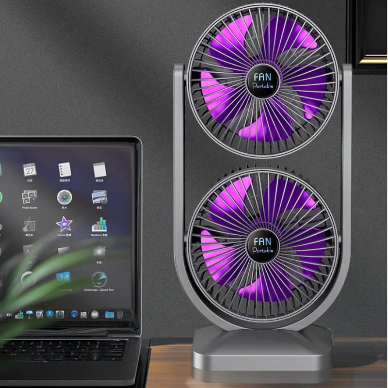 USB Rechargeable Dual Head Desk Fan, 2000mAh Battery Touch Control 3 Speeds - Image 3