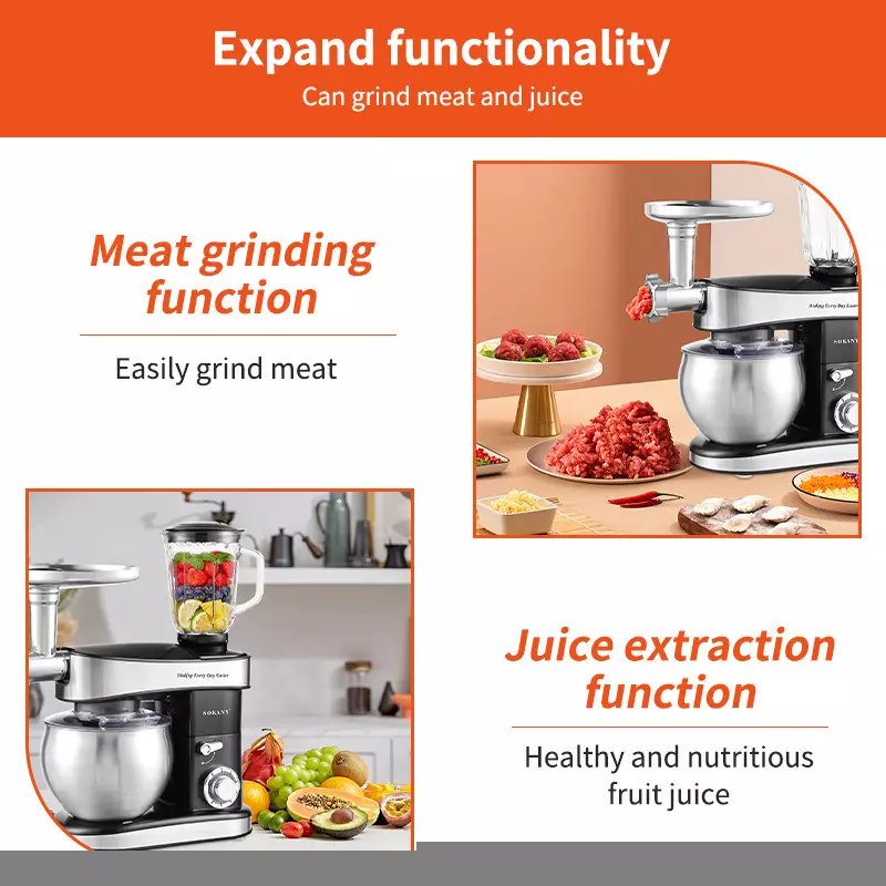 SOKANY 6.5L 3-in1 Stand Mixer, Meat Grinder & Blender, 10000RPM - Image 3