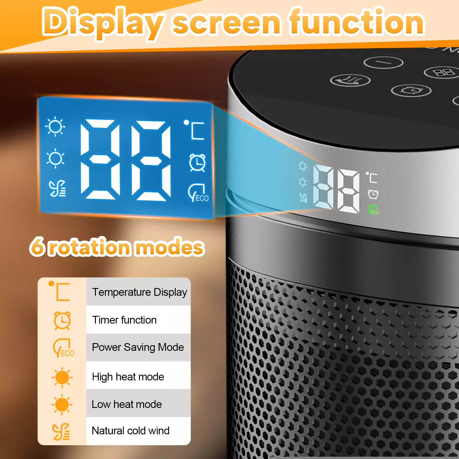 Touchscreen Remote Control Heater 1500W, 20m² PTC Ceramic Electric Warmer with Timer - Image 2