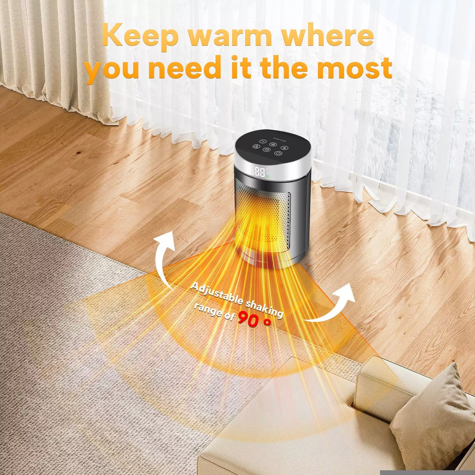 Touchscreen Remote Control Heater 1500W, 20m² PTC Ceramic Electric Warmer with Timer - Image 3